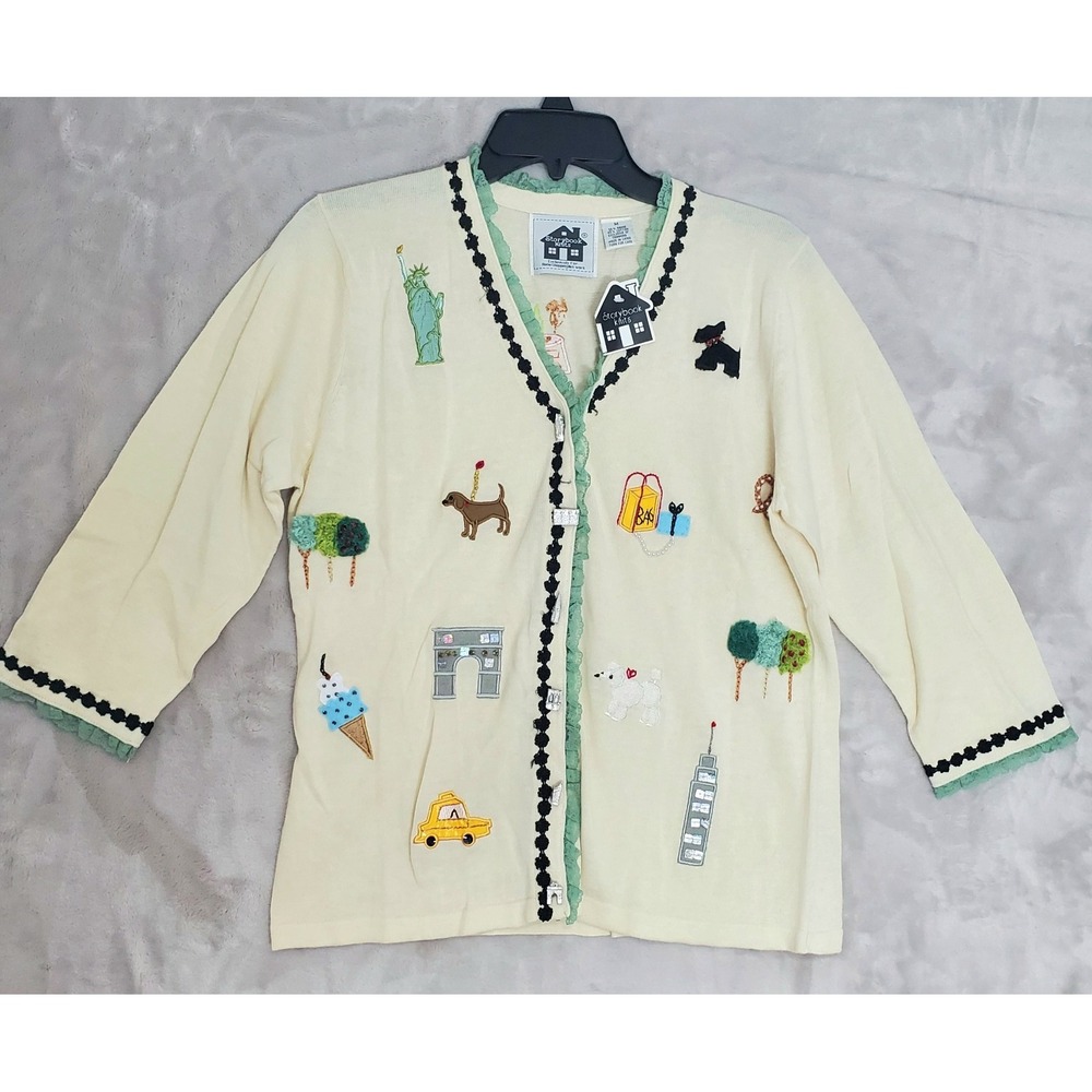 Storybook Knits Cardigan Sweater Womens M New York Dog Travel Theme Light NWT